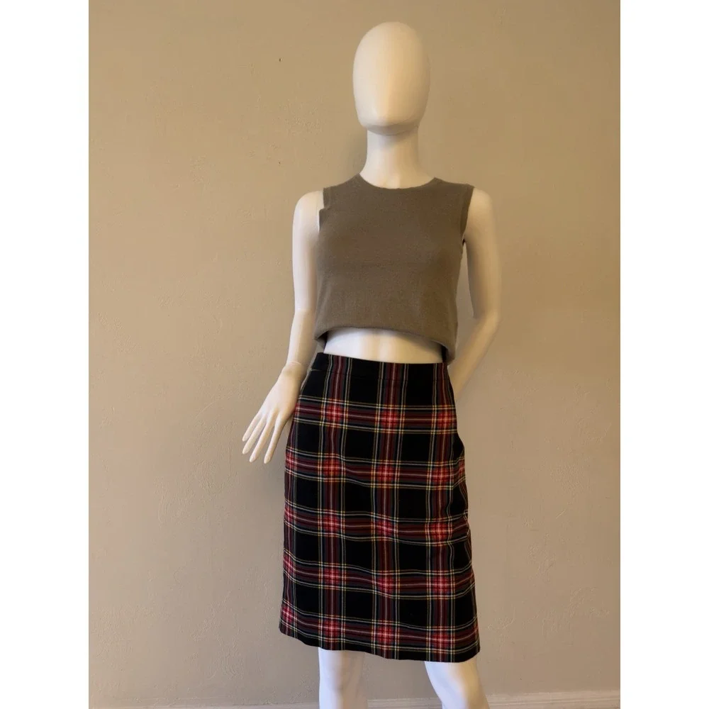 J.CREW Plaid‎ Knee Length Straight Skirt Black Red Yellow White Size 4 Lined